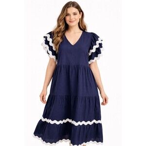 White Closet Element Womens Midi Dress Navy Ruffle Sleeve V-neck Cotton Size M